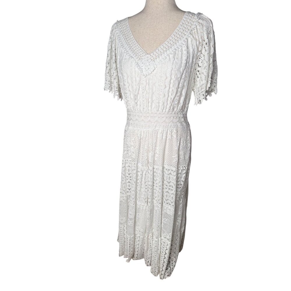 NWT White Eyelet Lace Maxi Dress Flutter Sleeves Crochet Edwardian Romantic Sz M